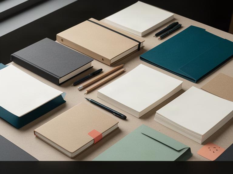 Cuadernos, archivadores, papel y bolígrafos ordenados sobre una mesa de trabajo en una papelería