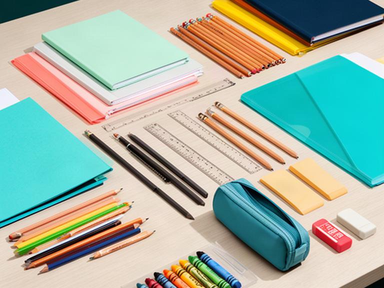 Cuadernos, lápices, reglas y carpetas escolares organizados sobre una mesa de papelería