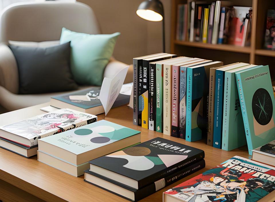 Mesa de librería con novelas juveniles y tomos de manga ordenados junto a una zona de lectura para adolescentes