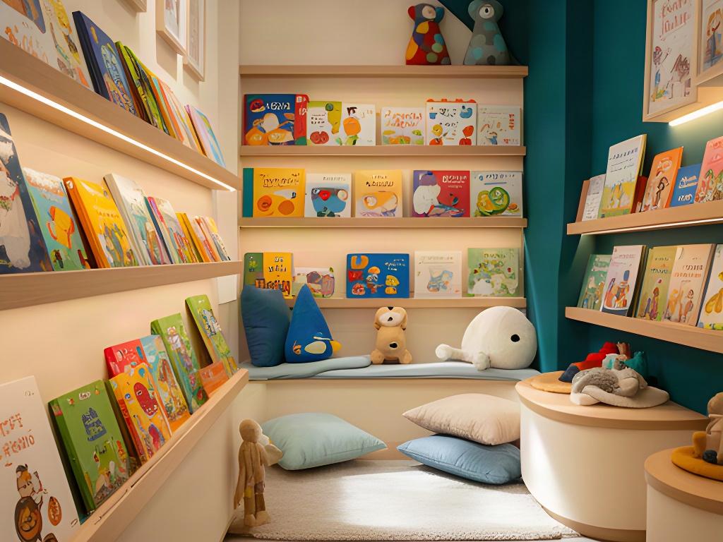 Rincón infantil de una librería de barrio con álbumes ilustrados a la vista, cuentos de colores y estanterías bajas para lectores pequeños
